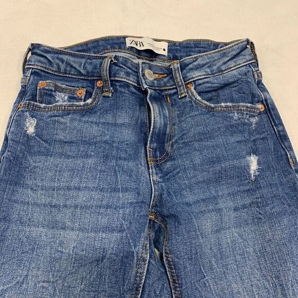 Zara Jeans US 2 24 Denim Blue Slim Leg Distressed Raw Hem Mid Rise The Skinny - Picture 3 of 7